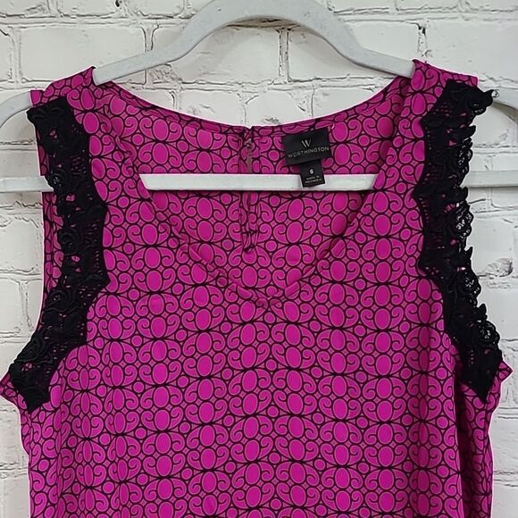 Worthington Hot Pink + Black Lace Dressy Tank Sleeveless Blouse Shell Top Career - Picture 2 of 9